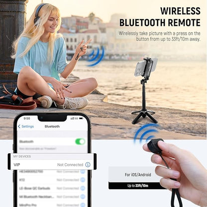 NEEWER Selfie Stick Tripod for iPhone, Lightweight Foldable Mini Travel 360° Desk Stand with Cell Phone Holder Cold Shoe for Video Recording Vlog Streaming, Remote Shutter & Cleaning Cloth, P15 Black