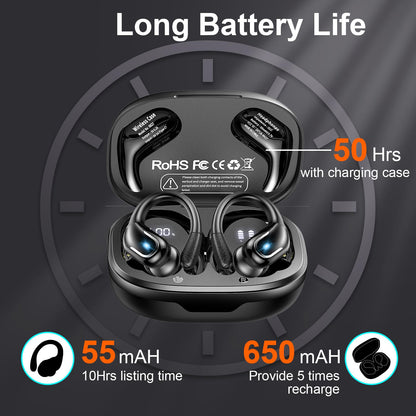 Ltinist Wireless Earbud, Bluetooth 5.3 Headphones Pure Bass Sound with Earhooks, 75H Battery Over Ear Headphones with Dual-LED Display, IP7 Waterproof Earphones Built-in Microphone for Running Sports