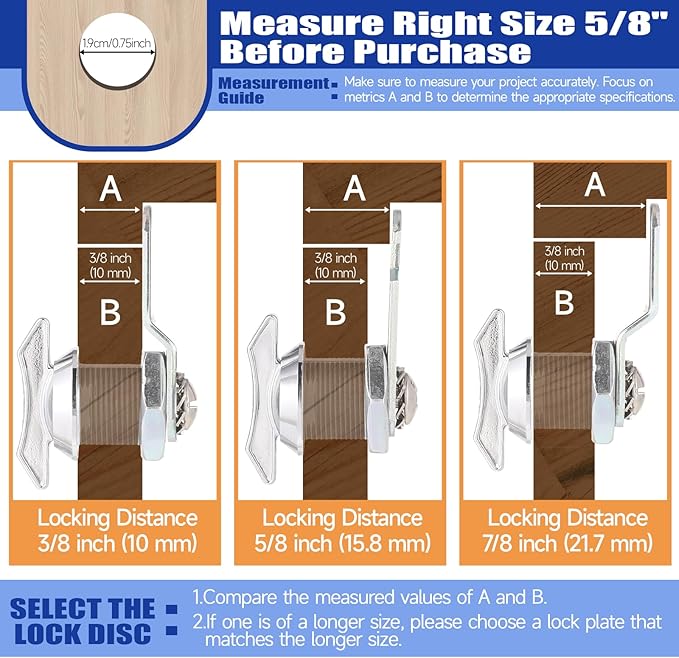 Thumb Operated Offset Cam Locks, 3/8", 5/8", 7/8" Keyless Cabinet Locks for RV Storage Doors, Camper Compartments, Mailbox Drawers, Zinc Alloy Rustproof Latch with Straight & Bent Locking Arms, 8-Set