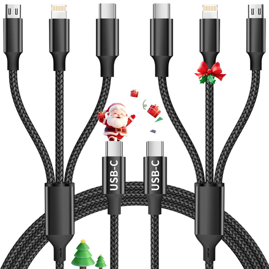 Travel Essentials,Dual Type-C 3 in 1 Multi Charging Cable, 4 FT Universal Charging Cables for All Devices, 2 USB-C/IP/Micro USB Port, Compatible with iPhone 17 16/15 Series/Phone/Tablet, Black