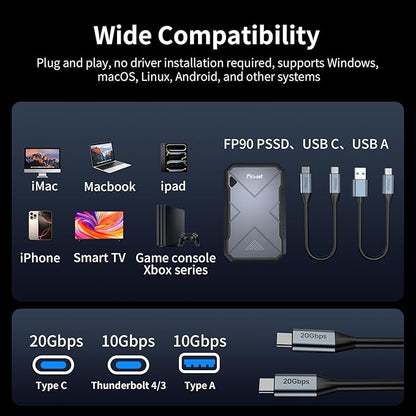 2TB Portable SSD, Up to 2050MB/s, USB 3.2 Gen2 USB-C, IP68 Water & Dust Resistant, Shockproof, External Solid State Drive for Smart TV, Cameras, iPhone 16/15, Windows, Mac and Other Devices (FP90)