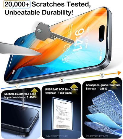 UltraGlass Unbreak Top 9H+ Glass for iPhone 16 Plus Screen Protector [12FT Military Grade Shatterproof] [Full Coverage] Tempered Glass [Longest Durable] 2 Pieces