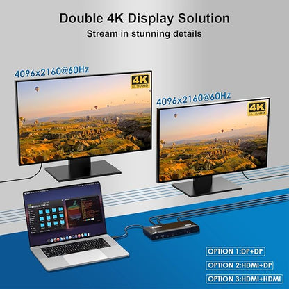 WAVLINK DisplayLink Laptop Docking Station Dual 4K@60Hz(2 HDMI+2DP), 100W PD Charging Compatible with Thunderbolt 4/3, USB-C/A - M1 M2 M3 M4 Mac, Windows, Chrome, 6 USB Ports, LAN - Driver Required