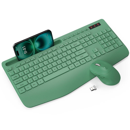 Wireless Keyboard and Mouse Combo - Full-Sized Ergonomic Keyboard with Wrist Rest, Phone Holder, Sleep Mode, Silent 2.4GHz Cordless Keyboard Mouse Combo for Computer, Laptop, PC, Mac, Windows (Green)