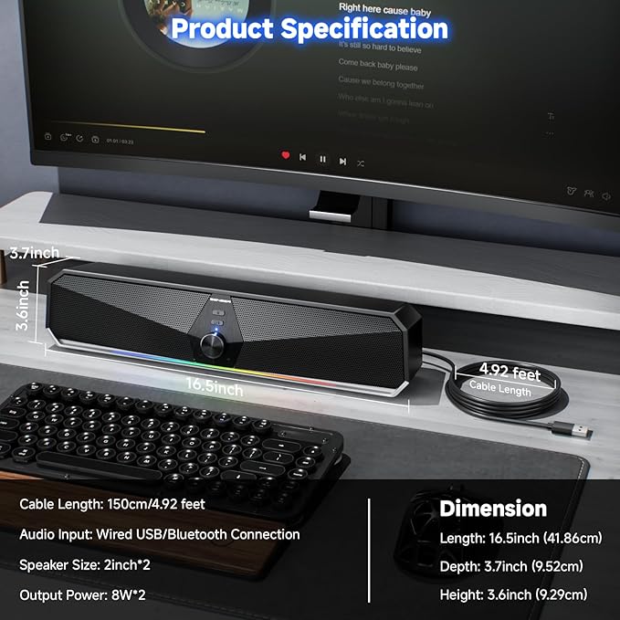 SENZER CS30 Bluetooth Computer Speakers for Desktop, USB Plug & Play PC Speakers with Dynamic LED Light, Stereo Sound Soundbar for Desktop Laptop Monitor (USB-C Adapter Included)