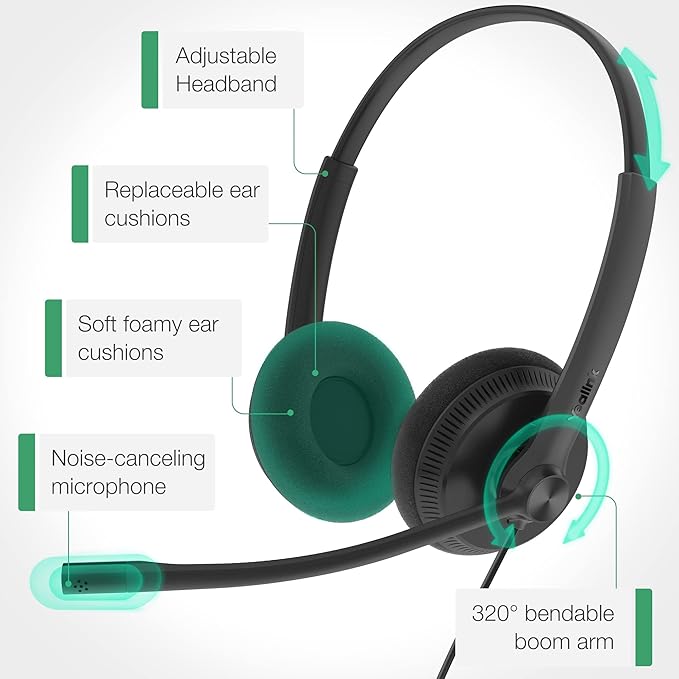 Yealink UH34 USB Headset with Mic,Stereo Wired Headphones with Noise Cancelling Microphone,Professional Work Headset VoIP Phone PC Computer Call Center Office(Ultra Light)