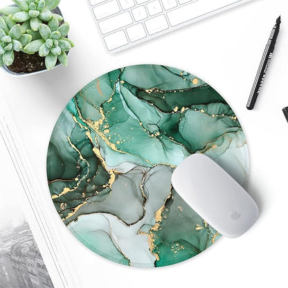 ITNRSIIET Round Mouse Pad with Stitched Edge Premium-Textured Waterproof Non-Slip Rubber Base Desktop Protection Mat Diameter 8.7 inches, Green Marble Texture