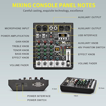 4 Channel Audio Mixer, Professional DJ Mixer Sound Board Mixing Console with 99-Bit DSP Effect, Bluetooth USB Interface Stereo Mixer Board with 48V Phantom Power For Recording Live Stream