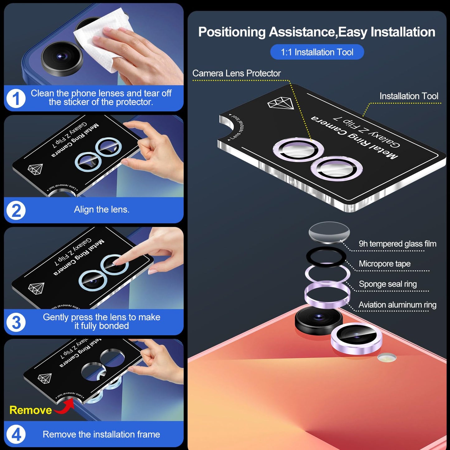 Avocase for Samsung Galaxy Z Flip 7 Camera Lens Protector, Individual Metal Ring Tempered Glass Lens Cover, [Strong Adsorption] Scratch Resistant Ultra-Thin HD Clear Lens Cover, 1 Set-Purple
