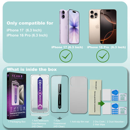 SHANG PIN JIA 2 Pack Tempered Glass Screen Protector for iPhone 17/16 Pro 6.3-Inch with Auto Dust Removal, No Bubbles, High Definition Clear, Easy Installation