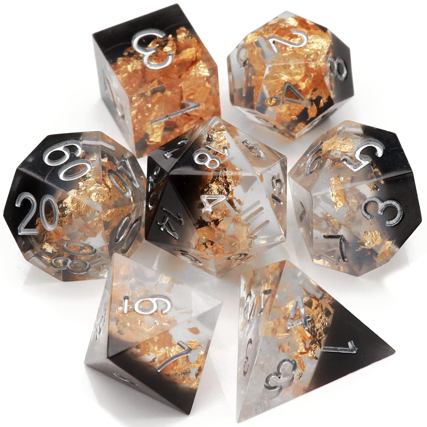 Haxtec Sharp Edge DND Dice Set, Gold Flakes Resin Polyhedral RPG Dice