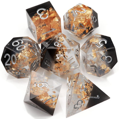 Haxtec Sharp Edge DND Dice Set, Gold Flakes Resin Polyhedral RPG Dice