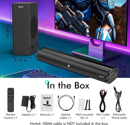 Sound Bars for TV with Subwoofer 2.1 CH 120W Soundbar for TV, for PC, Gaming, Surround Sound System TV Sound Bar Speakers, Home Theater with Bluetooth, HDMI, AUX, USB, Opt Connection, 16 Inch, MF604S
