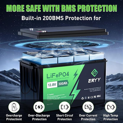 12V 300Ah LiFePO4 Battery, 12V Lithium Battery with 200A BMS, 3840Wh Energy, Deep Cycle Battery, Lithium Iron Phosphate Battery for Trolling Motor, Solar, RV, Camping, Van, Marine