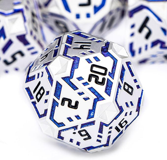 OGCOPHEN Metal DND Sci-fi Dice Set 7PCS Stripe Polyhedral Dice for Dungeons Dragons RPG Role Playing Game, Glitter D and D Dice with Gift Box D6 D8 D10 D12 D20 (Silver Blue)