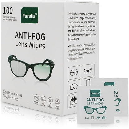 Anti-Fog Lens Wipes,100 Count, Quick-Clean Lens Cloths for Eyeglasses, Goggles, Screens, Portable Individually Wrapped Sheets, Pre-Moistened Cleaning Wipes for Eyeglasses