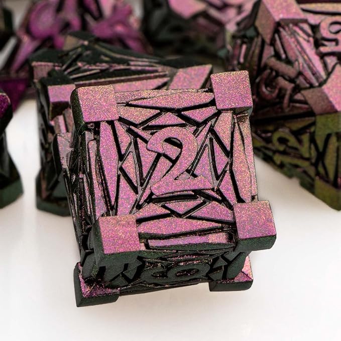 7PCS Metal DND Dice Set with Box, Debris RPG Purple Red D and D Dice for use with D&D Tabletop Games Role Playing Game Polyhedral Dice Set D20 D12 D10 D8 D6 D4