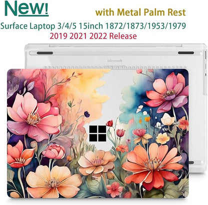 Tuiklol Case for 15 Inch Microsoft Surface Laptop 5/4/3 2022-2020, Model 1979/1953/1872/1873 Hard Shell Cover, Keyboard Cover+Screen Protector+Dust Plugs,Ilustration Flowers