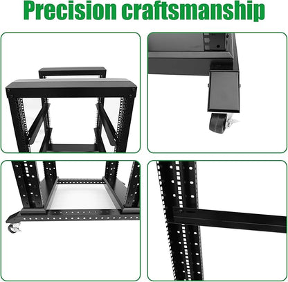 15U Server Rack/4-Post 19in Network Rack/Open Frame Rack with Wheels, Heavy-Duty Frame Cabinet/Adjustable Depth 29.75-27.75in GLOBALRACK(4POST-1000-15U)