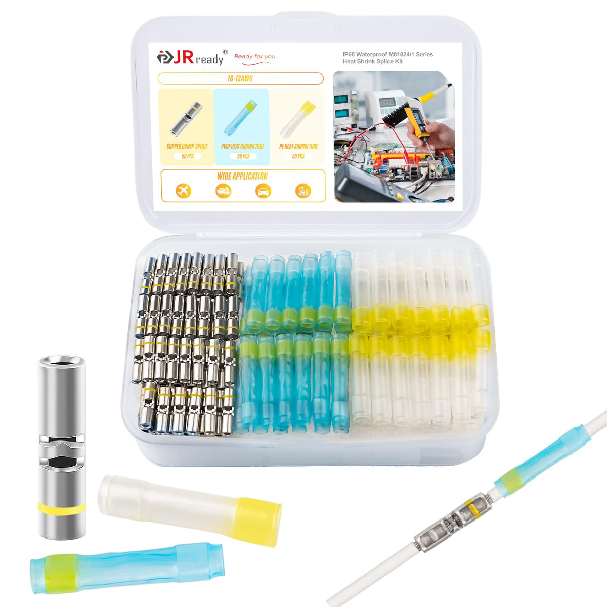 JRready 50Sets D-436 Series Heat Shrink Butt Splice Connector 20-16 AWG(D-436-37 M81824/1-2 Equivalent) IP68 Waterproof Blue Environmental Butt Splice with PVDF/PE Tubes ST6385-16-50 Wire Connectors