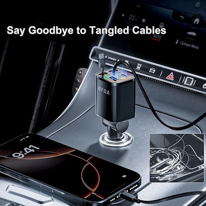 Retractable Car Charger, 4 in 1 Fast Charging USB-C & USB-A Compatible with iPhone 16/15/14/13/12/11 Pro Max, 69W Fast Car-Charger Cigarette Lighter Adapter for Galaxy, Pixel (Light-ning+USB-C) Black