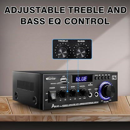 AK45Pro Stereo Receivers Amplifier Home Audio with Bluetooth 5.3, 400W,2.0 Channel Power Stereo Amplifier with USB,SD,RCA,FM,2MIC in for Home Theater Speakers,Home Amplifier with Remote Control