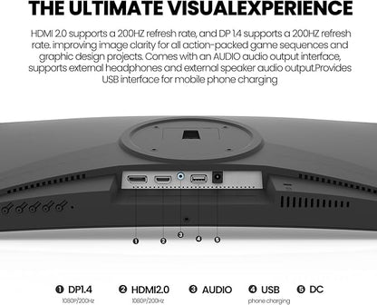 CRUA 24 Inch 200hz/180hz Curved Gaming Monitor, FHD 1080P Frameless Computer Monitors, Support AMD freesync Low Motion Blur, Eye Care, DisplayPort, HDMI, Compatible Wall Mountable Installs-Black