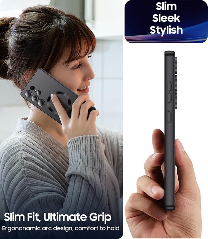 Magnetic for Samsung Galaxy S25 Ultra Case [Compatible with MagSafe][Built-in Camera Lens Protector] Slim Soft Silicone Bumper Shockproof Metallic Luster Phone Shell (Black)