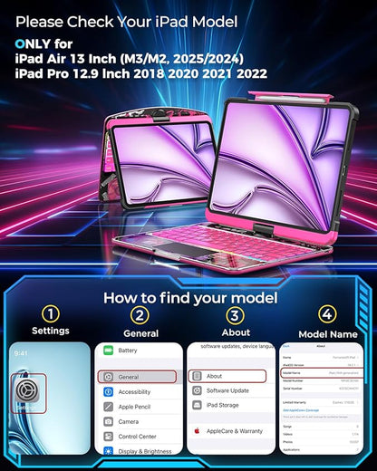 SIEBITU Clear Wireless Keyboard Case for iPad Air 13-inch (M3 2025/M2 2024) & iPad Pro 12.9-inch 6th 5th 4th 3rd Gen with Pencil Holder, Multi-Touch Trackpad & 7-Color Backlit, 360°Rotating, Pink