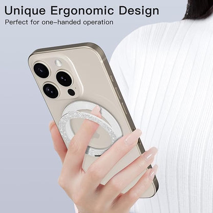 COOLQO 1Pc 360 Spin Cell Grip Ring Phone Stand [Upgrade Gear Hinge Stress Relief] Magnetic Holders for Your car Accessories Desk Mount Compatible with iPhone All Smartphone, Glitter Silver