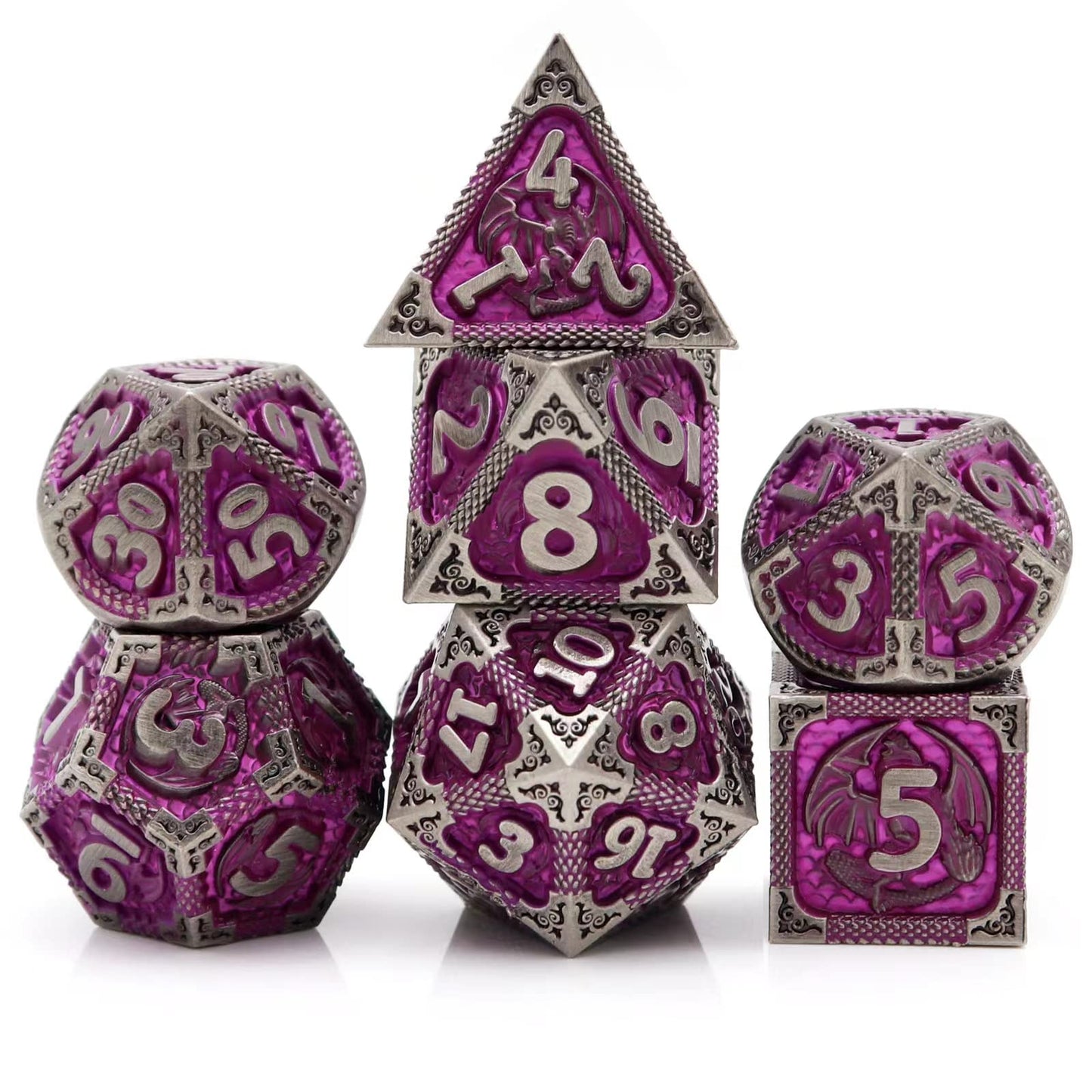 PJOY Metal DND Dice Set with Dice Case Antique Silver Purple Dragon D&D Polyhedral Dice for RPG Role Playing Games Compatible with Dungeons and Dragons TTRPG Gifts