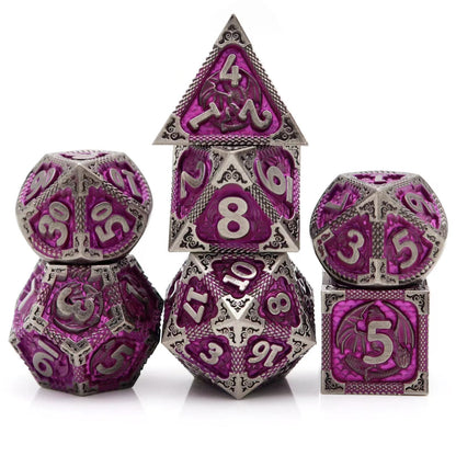 PJOY Metal DND Dice Set with Dice Case Antique Silver Purple Dragon D&D Polyhedral Dice for RPG Role Playing Games Compatible with Dungeons and Dragons TTRPG Gifts