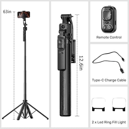 Auto Face Tracking Selfie Stick Tripod for iPhone with Light,360 Rotation That Follows Your Movement,63" Phone Camera Tripod Stand with Remote for Content Creator Vlog Live Stream Video Recording