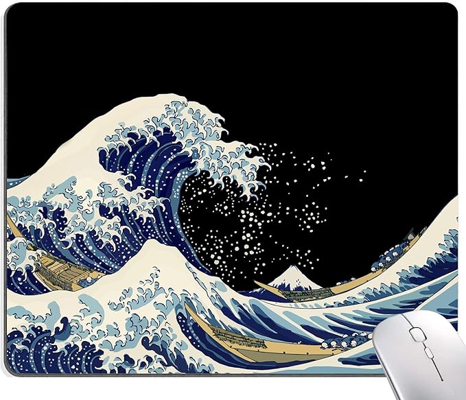 Mouse Pad, Japanese Sea Wave Design Mouse Pad, Washable Square Cloth Mousepad for Gaming Office Laptop, Non-Slip Rubber Computer Mouse Pads for Wireless Mouse, Cool Mouse Pads for Desk