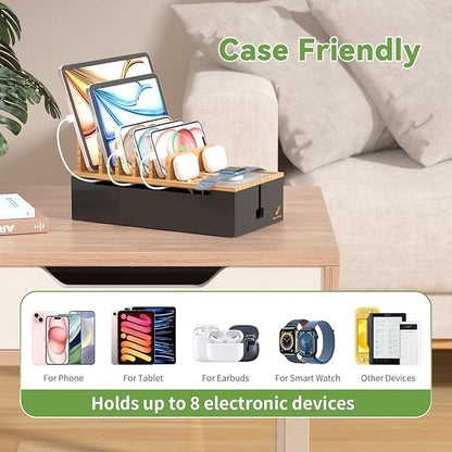 Pezin & Hulin Cord Organizer Box, Surge Protector Organizer, Device Charger Station for Phones & Tablets, Wood Charging Dock -with 6 Wire Cables, BUT NO Power Supply - Natural + Black