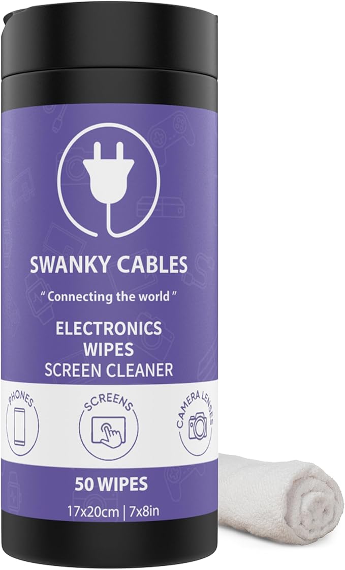 Swanky Cables Screen Cleaner Wipes: Electronic Wipes for Screens - Computer Screen Wipes for Lens, Phone, Tv Screen and Monitor Cleaning - Tech Wipes & Microfiber Cloth (Canister, 50 Count)