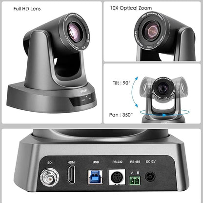 10X PTZ Conference Webcam with 3G-SDI/HDMI/USB Output, 1080P PTZ Live Streaming Camera for Church, Education, Conference Room Camera Attached Remote Control Work with Zoom, Skype, OBS
