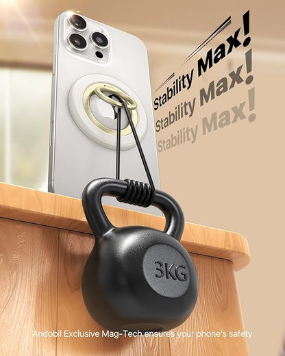 andobil [2025 Upgraded] Double-sided Magnetic Phone Grip for MagSafe [Sability Max] Strong Magnetic Phone Ring Holder Compatible with MagSafe Accessories, iPhone 16 Plus 15 14 13 12 Pro Max Mini White