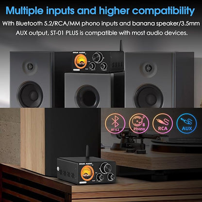 Douk Audio 2 Channel TPA3255 Bluetooth Amplifier 300W x2, Turntable Phono Amp with VU Meter, Treble Bass Control for MM Record Players, Home Theater Speakers (ST-01 Plus)
