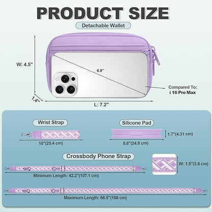 Clip and Go Strap for Phone with Wallet Crossbody, Adjustable Phone Lanyard with Detachable RFID Wristlet Wallet, Pattern Strap - Purple (L)