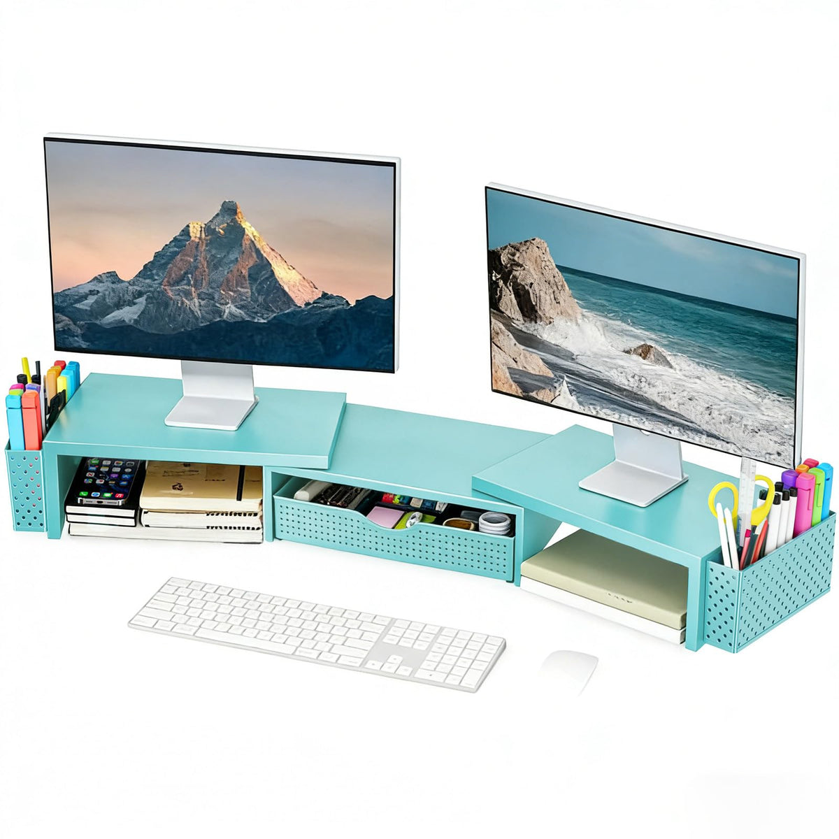 Spacrea Wood Dual Monitor Stand Riser with Drawer and 2 Pen Holders