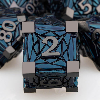 ORIFANTOU 7PCS Metal DND Dice Set with Box, Debris RPG Black Blue D and D Dice for use with D&D Tabletop Games Role Playing Game Polyhedral Dice Set D20 D12 D10 D8 D6 D4