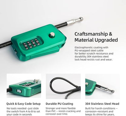 6ft Python Cable Lock for Bike, Bicycle, Trail Camera, 4 Digit Combination Lock, Heavy Duty Anti Theft Candado, Adjustable Locking Cable for Trail Cam, Kayak, eBike, Outdoor Equipment