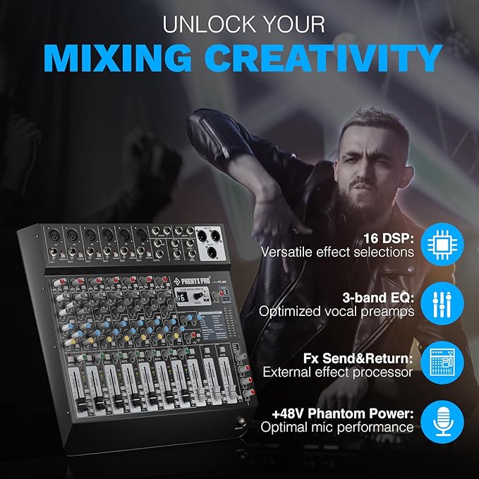 Professional 8-Channel Audio Mixer, Phenyx Pro DJ Sound Mixer Board w/Flexible AUX, BUS, SUB Routing, 16 DSP, BT Streaming & USB-B PC Recording, Mixing Console for Stage, Home Studio (PTL-800)