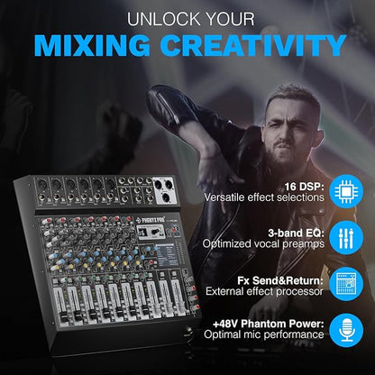 Professional 8-Channel Audio Mixer, Phenyx Pro DJ Sound Mixer Board w/Flexible AUX, BUS, SUB Routing, 16 DSP, BT Streaming & USB-B PC Recording, Mixing Console for Stage, Home Studio (PTL-800)