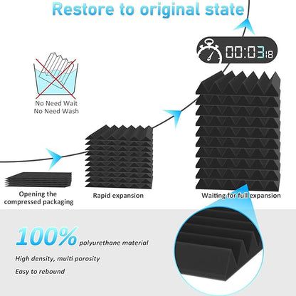JBER 24 Pack Sound Proof Acoustic Foam Panels, Thicken, 5 X 30 X 30 cm Self-Adhesive Acoustic Wall Paddings for Home Office Studios (Black)