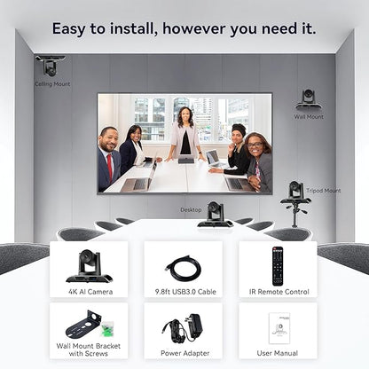 TONGVEO 4K PTZ Camera with AI-Powered Auto-Tracking 5X Digital Zoom USB 3.0 120-Degree Wide-Angle PTZ Webcam for Video Conference YouTube/Teams/Zoom Meeting Live Streaming