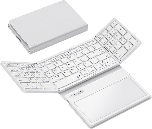 GEODMAER Foldable Bluetooth Keyboard, Portable Full Size Folding Keyboard with Large Touchpad, Numeric Keypad, PU Leather, Wireless TravelKeyboard for Windows Android Mac(White)