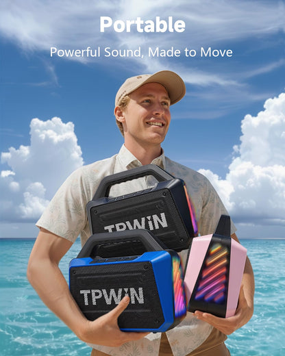 TPWIN Bluetooth Speaker - 80W Loud Rugged Outdoor Speakers, IPX6 Waterproof, 20H Playtime, Deep Bass, Lightshow, TWS, BT 5.3 Wireless, Portable for Travel Hiking Camping Beach Pool - Black