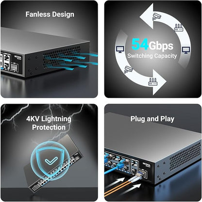 NICGIGA 24-Port Gigabit PoE Switch with 24 PoE+@300W, 2 Gigabit Uplink Ports, 1 SFP, Sturdy Metal for Desktop/Rack Mount, Plug and Play, Unmanaged Power Over Ethernet Switch